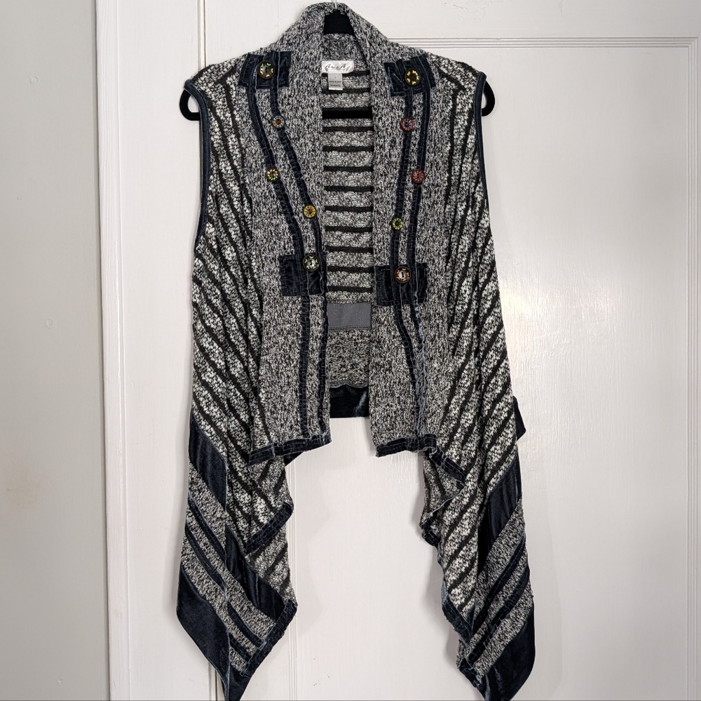Anés.A Boho Velvet Trim Knit Waterfall Vest Cardigan Size L Gray Black